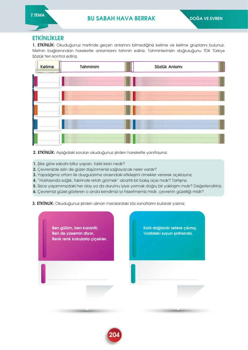 7. Sınıf Türkçe Ders Kitabı Cevapları Meb Yayınları 2. Kitap Sayfa 204