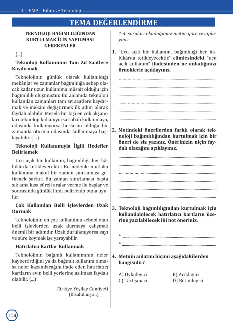 7. Sınıf Türkçe Ders Kitabı Cevapları Meb Yayınları Sayfa 104