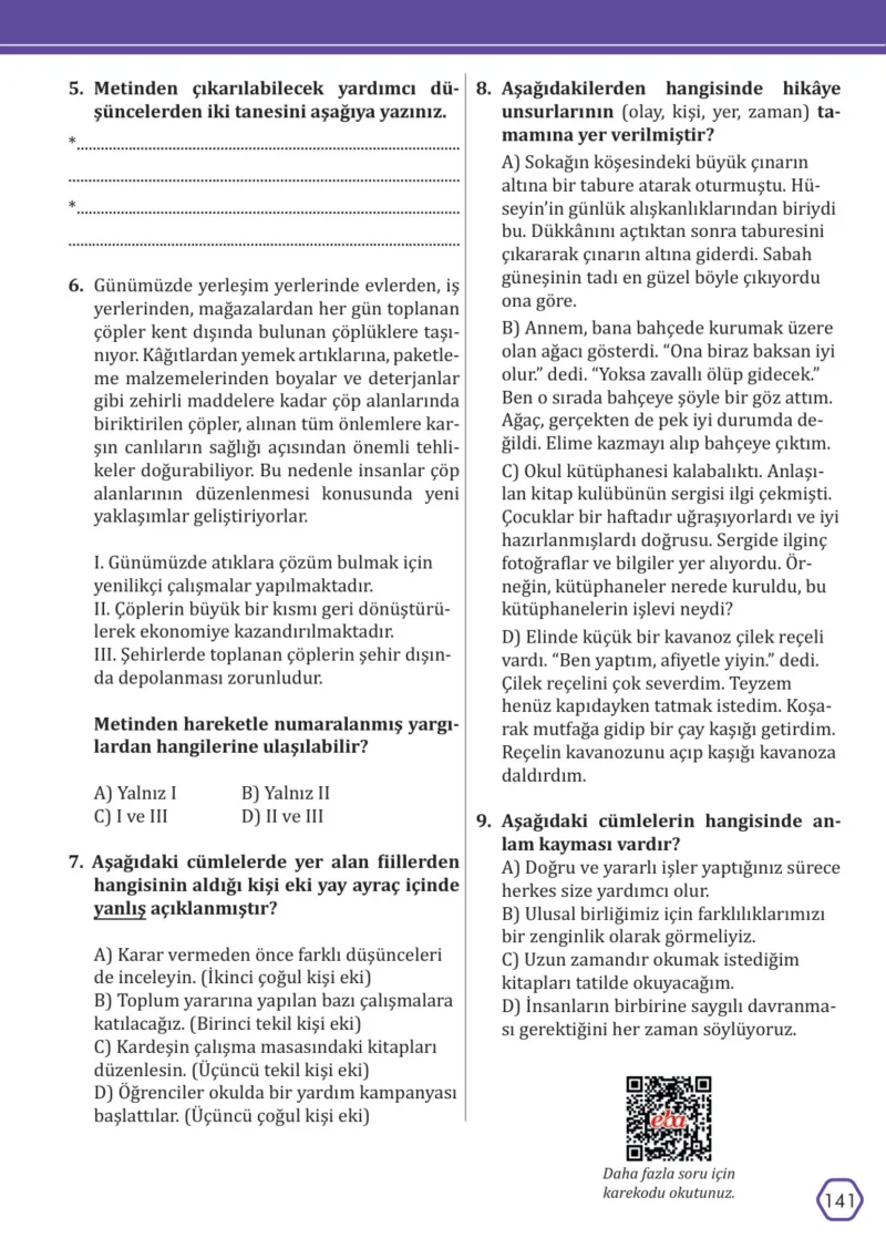 7. Sınıf Türkçe Ders Kitabı Cevapları Meb Yayınları Sayfa 141