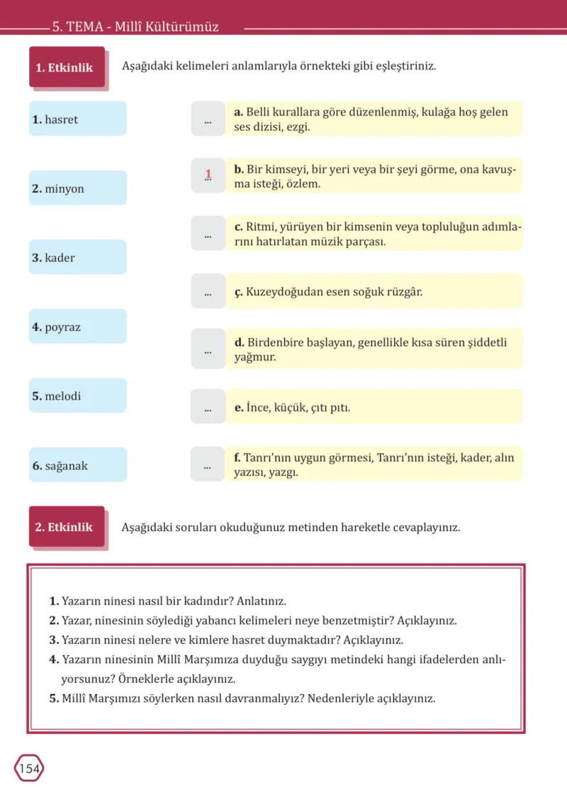 7. Sınıf Türkçe Ders Kitabı Cevapları Meb Yayınları Sayfa 154
