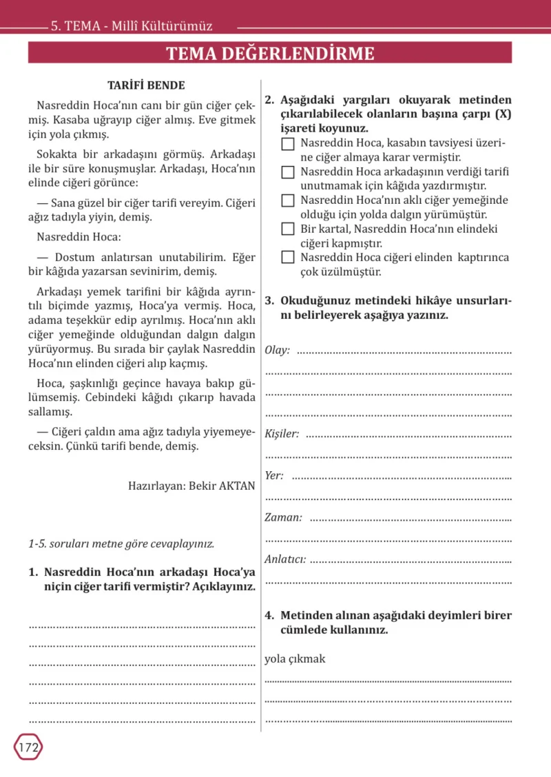 7. Sınıf Türkçe Ders Kitabı Cevapları Meb Yayınları Sayfa 172