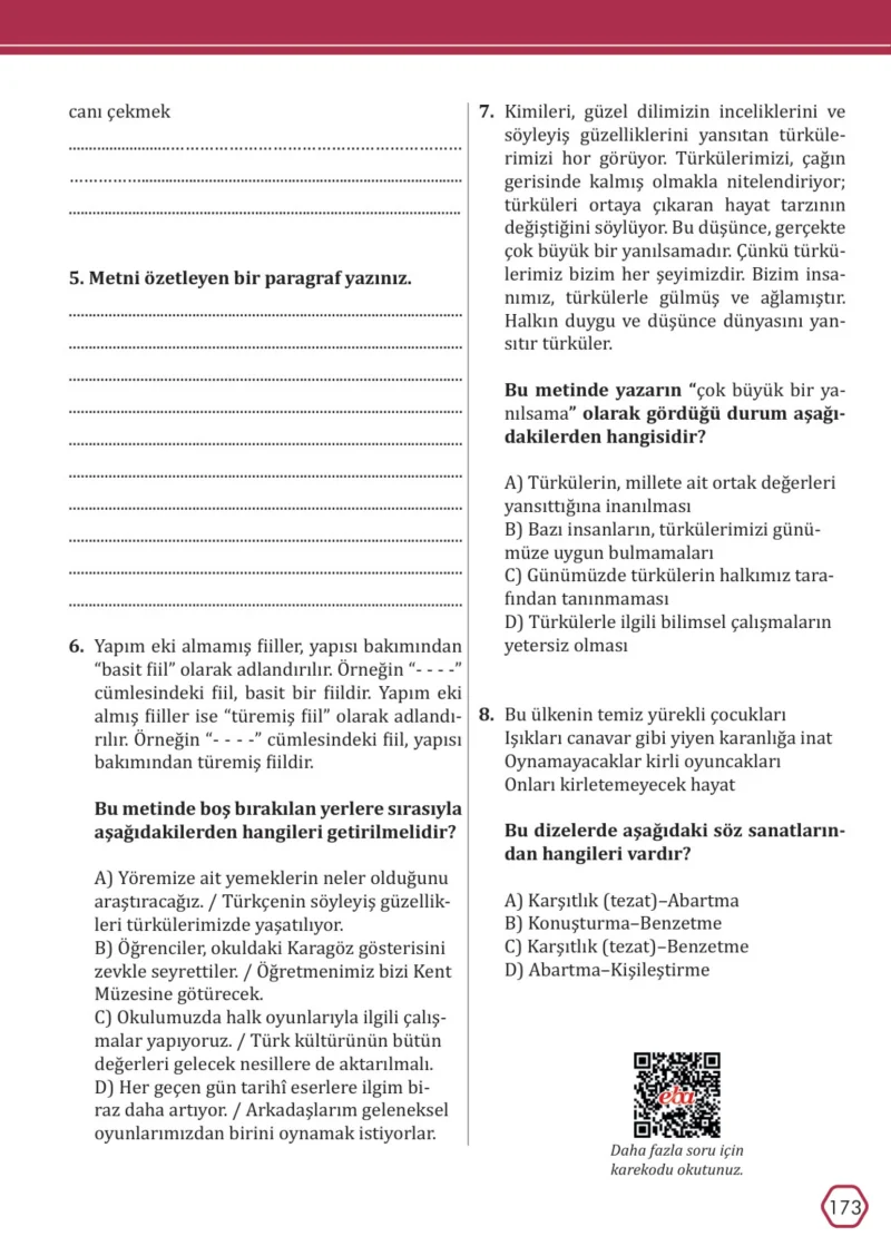 7. Sınıf Türkçe Ders Kitabı Cevapları Meb Yayınları Sayfa 173