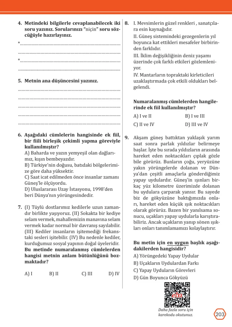 7. Sınıf Türkçe Ders Kitabı Cevapları Meb Yayınları Sayfa 203