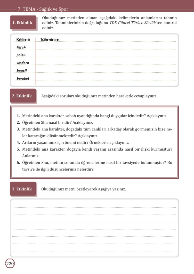 7. Sınıf Türkçe Ders Kitabı Cevapları Meb Yayınları Sayfa 220