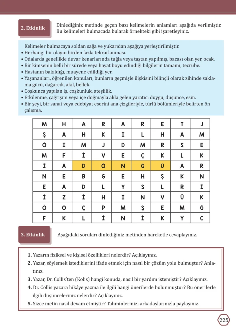 7. Sınıf Türkçe Ders Kitabı Cevapları Meb Yayınları Sayfa 225