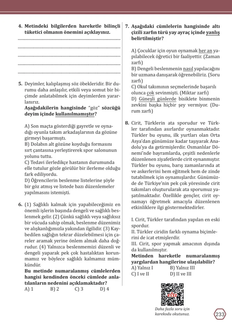 7. Sınıf Türkçe Ders Kitabı Cevapları Meb Yayınları Sayfa 233