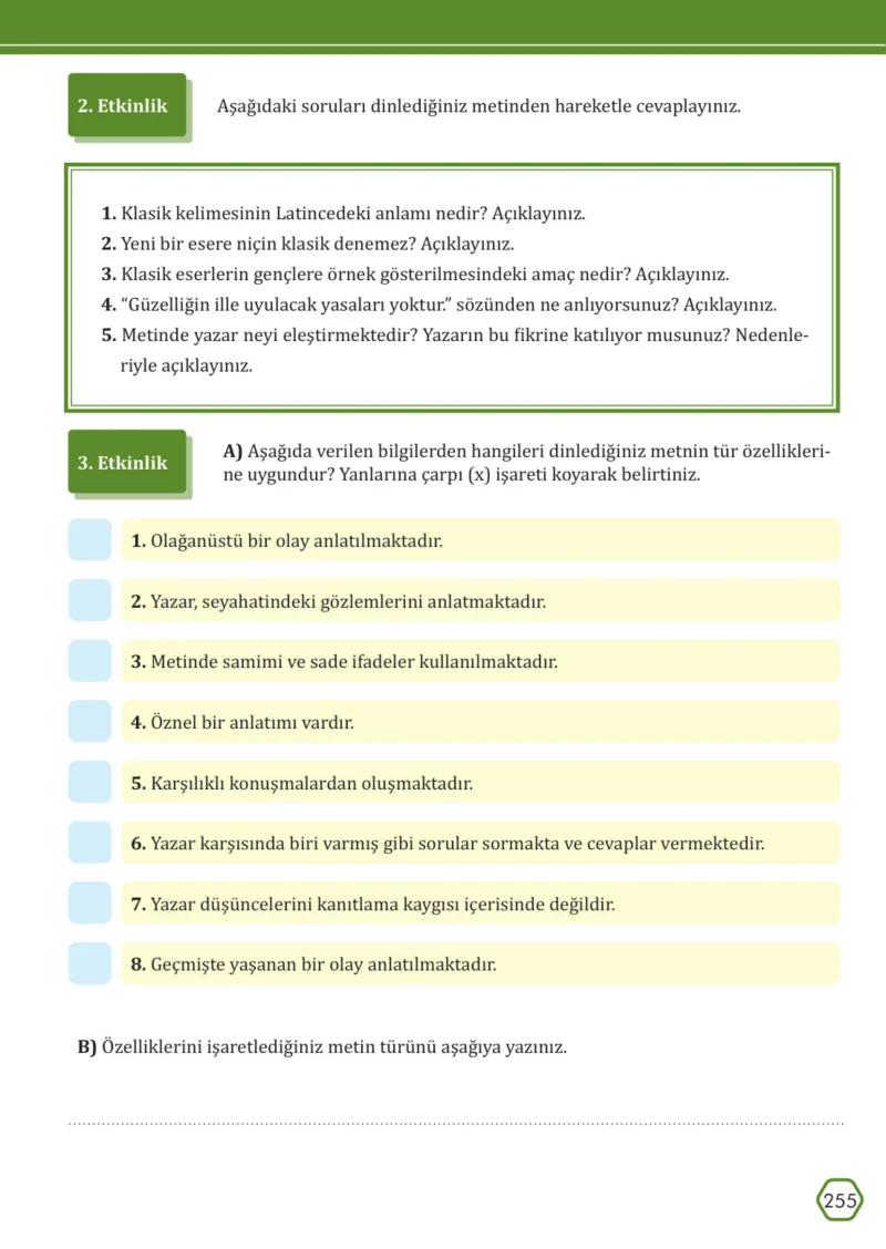 7. Sınıf Türkçe Ders Kitabı Cevapları Meb Yayınları Sayfa 255