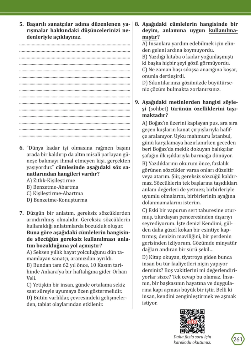 7. Sınıf Türkçe Ders Kitabı Cevapları Meb Yayınları Sayfa 261