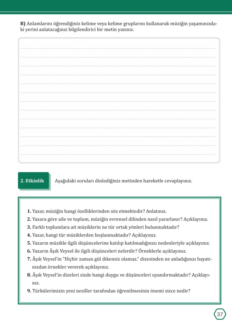 7. Sınıf Türkçe Ders Kitabı Cevapları Meb Yayınları Sayfa 37