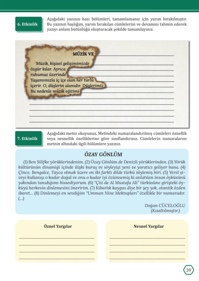 7. Sınıf Türkçe Ders Kitabı Cevapları Meb Yayınları Sayfa 39