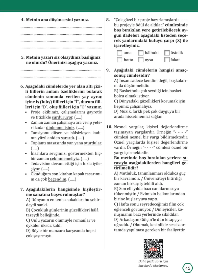 7. Sınıf Türkçe Ders Kitabı Cevapları Meb Yayınları Sayfa 45