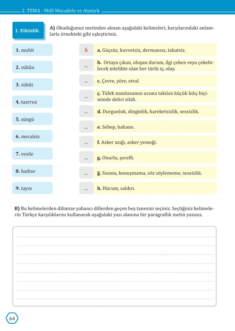 7. Sınıf Türkçe Ders Kitabı Cevapları Meb Yayınları Sayfa 64