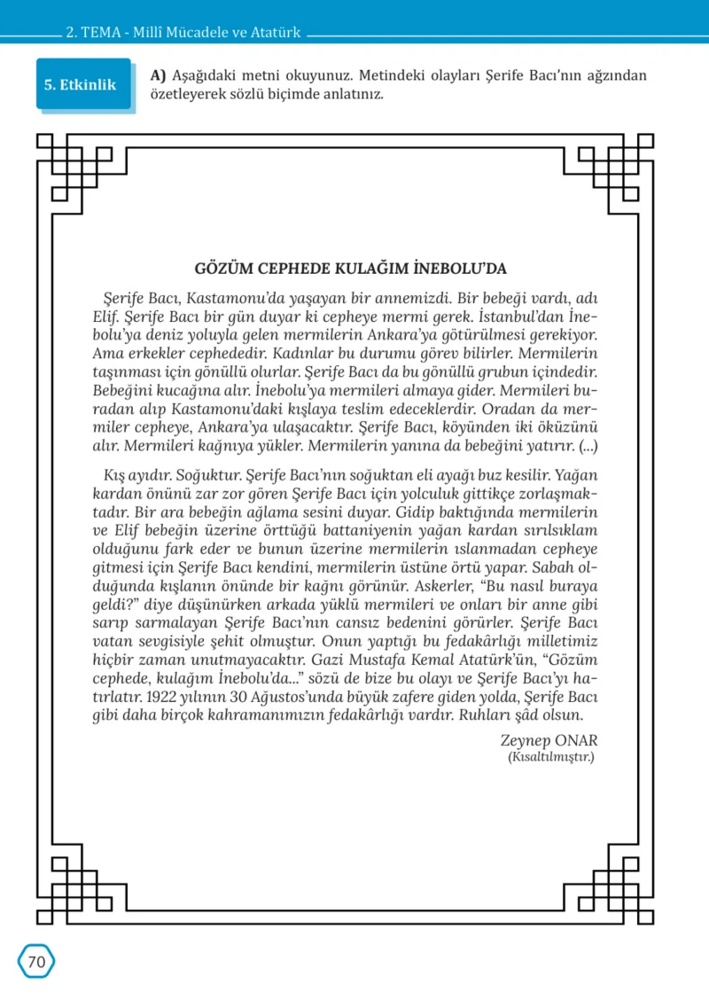 7. Sınıf Türkçe Ders Kitabı Cevapları Meb Yayınları Sayfa 70