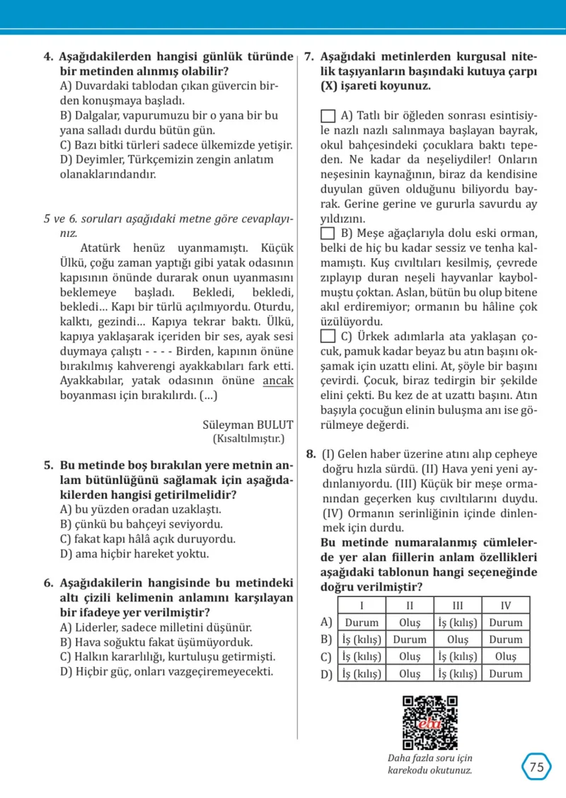 7. Sınıf Türkçe Ders Kitabı Cevapları Meb Yayınları Sayfa 75