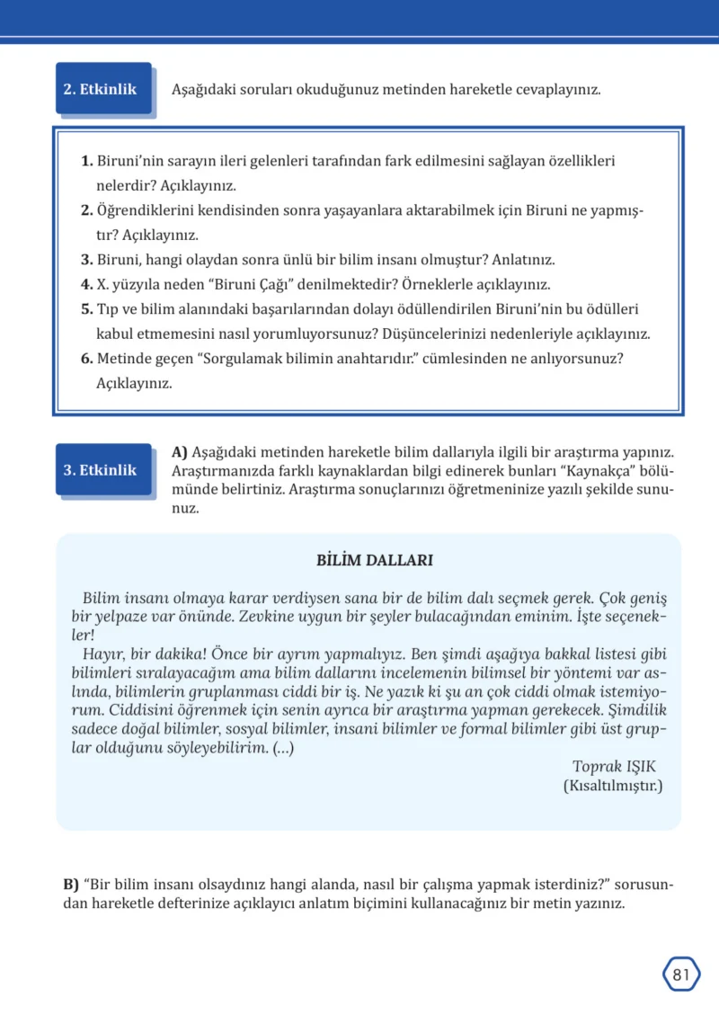 7. Sınıf Türkçe Ders Kitabı Cevapları Meb Yayınları Sayfa 81