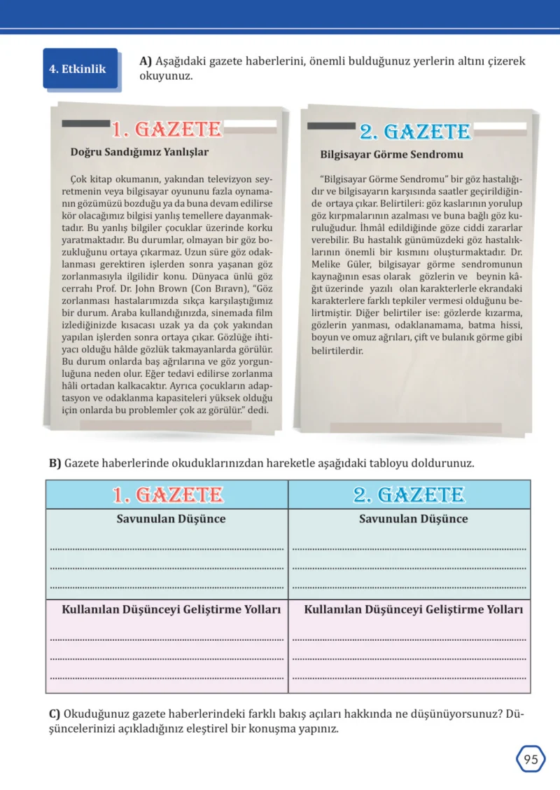 7. Sınıf Türkçe Ders Kitabı Cevapları Meb Yayınları Sayfa 95