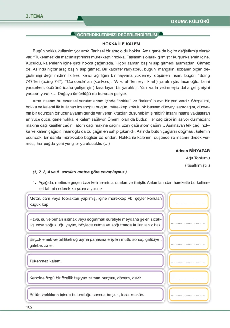 7. Sınıf Türkçe Ders Kitabı Cevapları Özgün Yayınları Sayfa 102