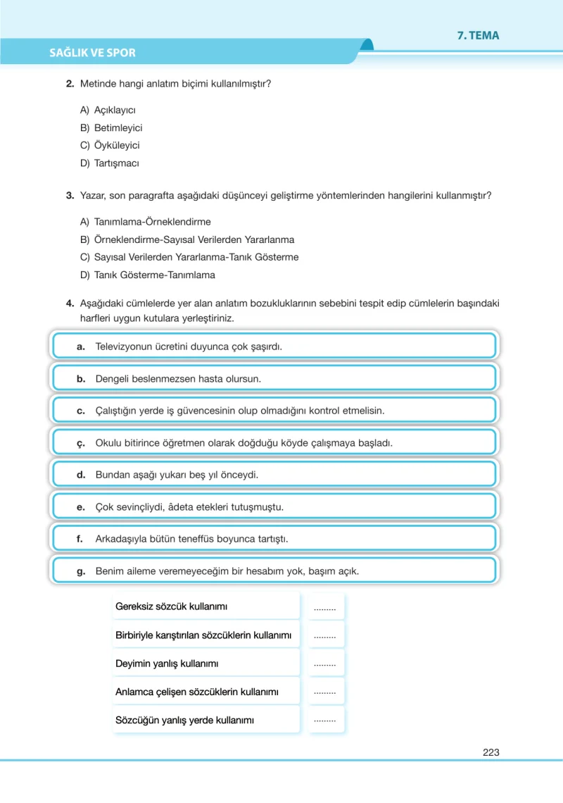 7. Sınıf Türkçe Ders Kitabı Cevapları Özgün Yayınları Sayfa 223