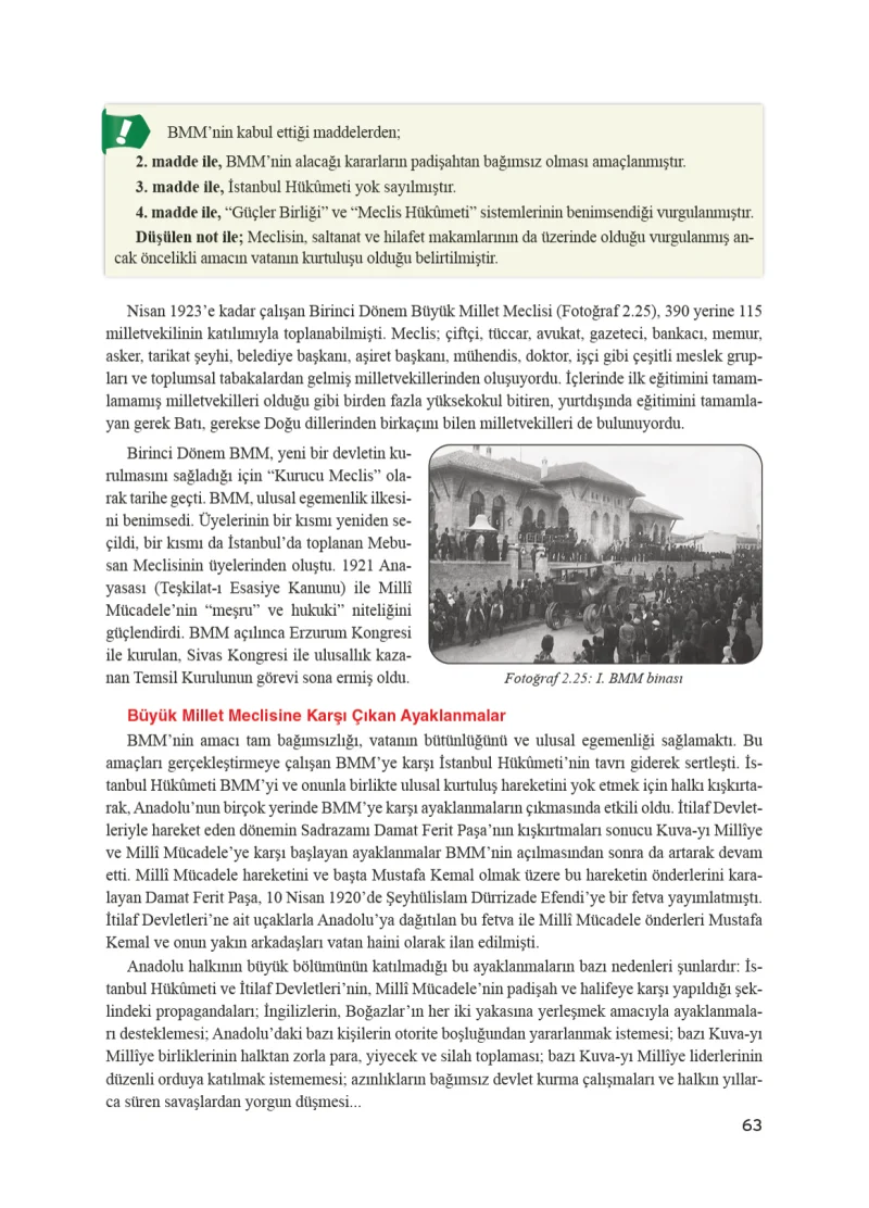 8. Sınıf İnkılap Tarihi Ders Kitabı Cevapları Bir Yay Yayınları Sayfa 63