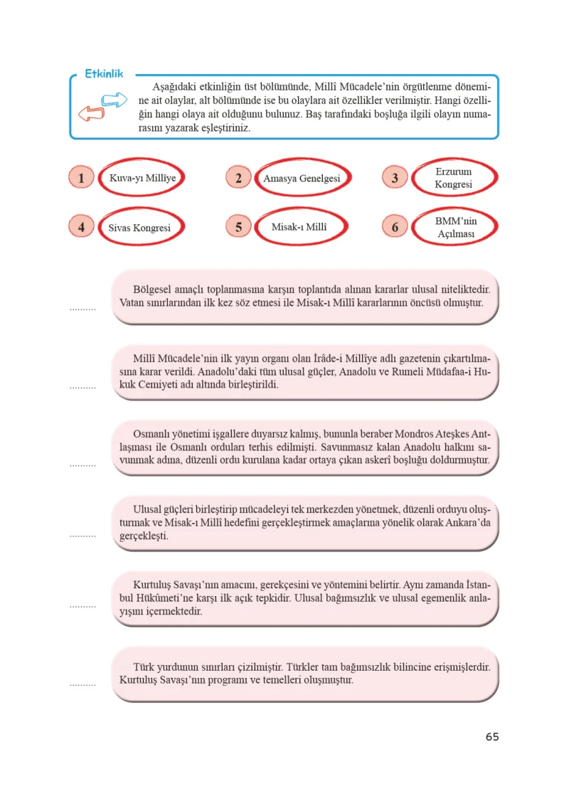 8. Sınıf İnkılap Tarihi Ders Kitabı Cevapları Bir Yay Yayınları Sayfa 65