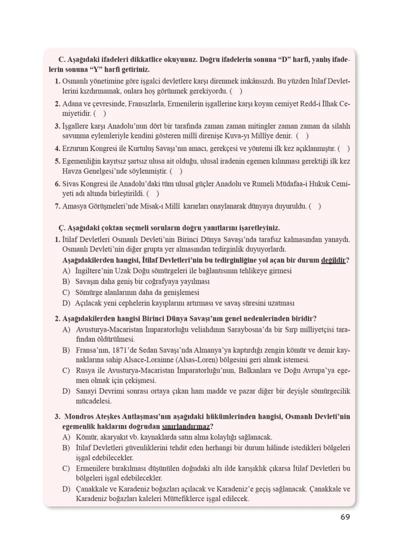 8. Sınıf İnkılap Tarihi Ders Kitabı Cevapları Bir Yay Yayınları Sayfa 69