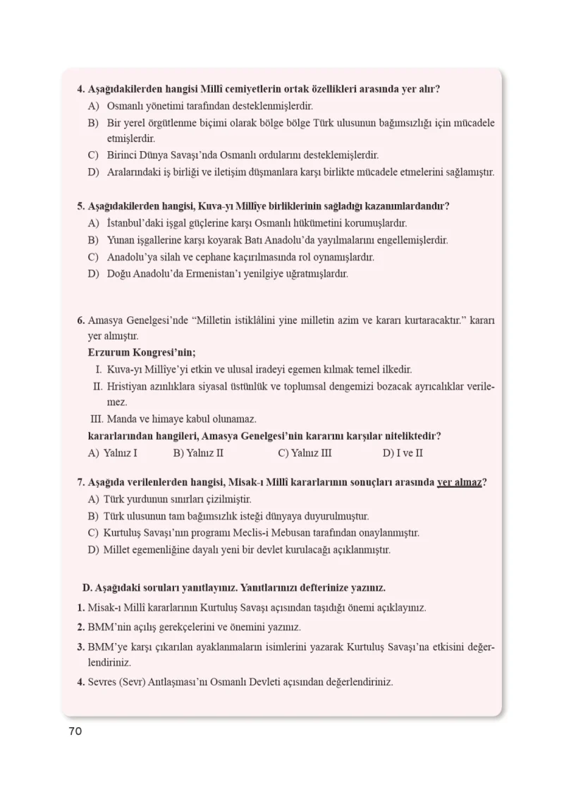 8. Sınıf İnkılap Tarihi Ders Kitabı Cevapları Bir Yay Yayınları Sayfa 70