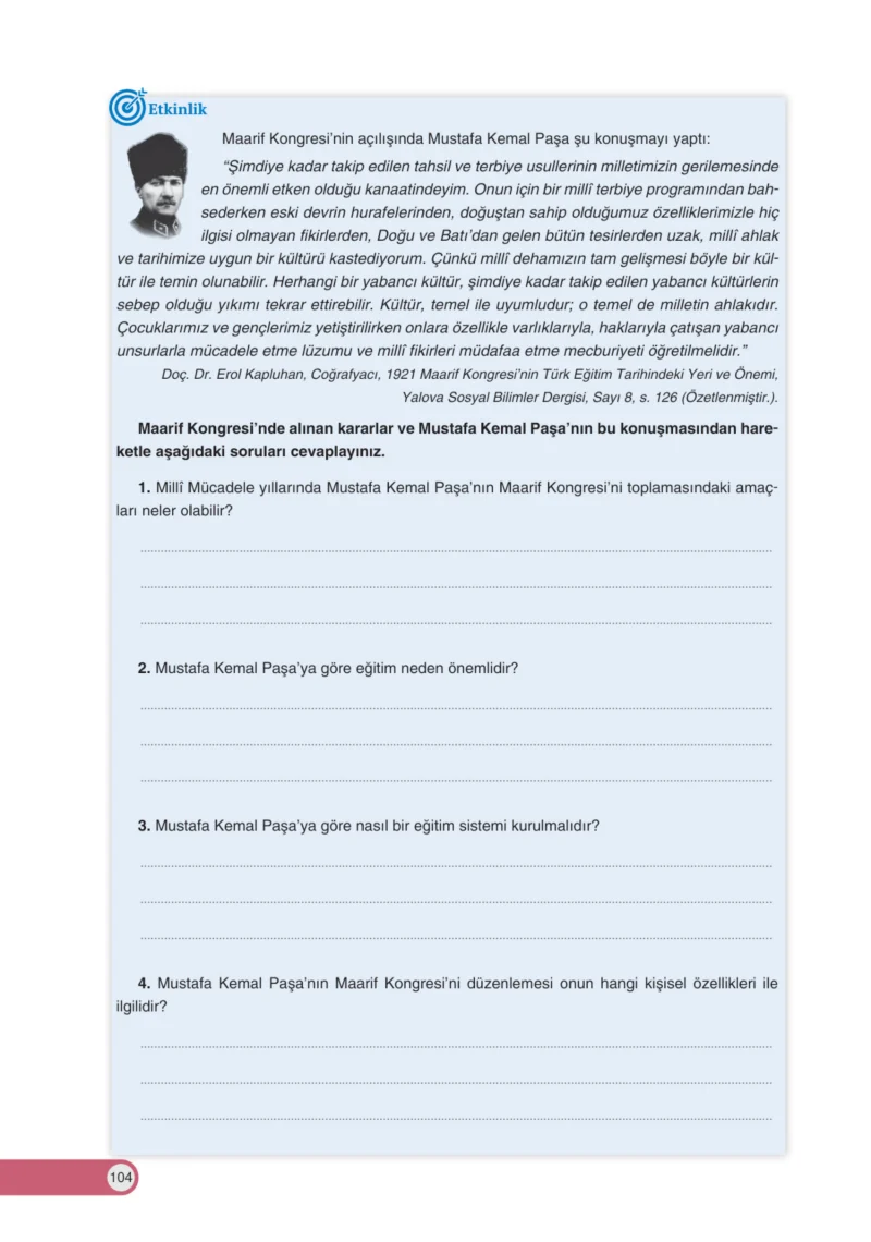 8. Sınıf İnkılap Tarihi Ders Kitabı Cevapları Ders Destek Yayınları Sayfa 104