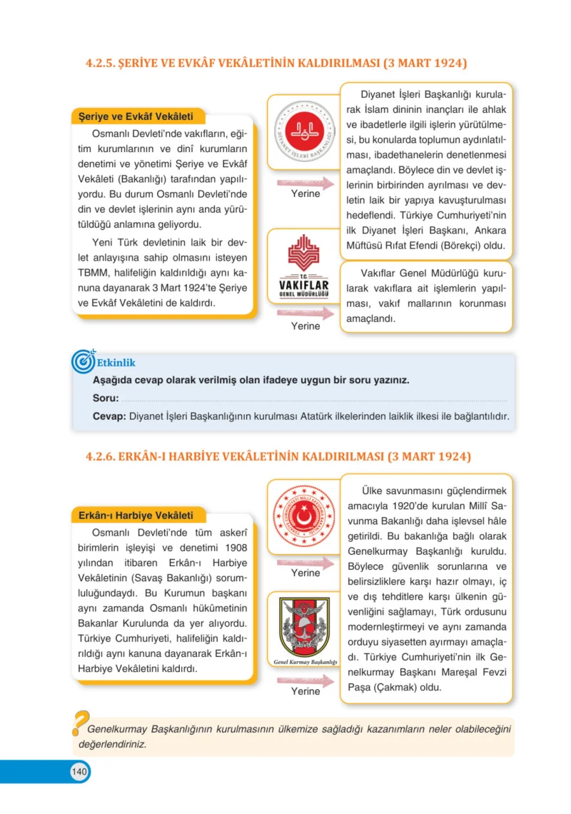 8. Sınıf İnkılap Tarihi Ders Kitabı Cevapları Ders Destek Yayınları Sayfa 140