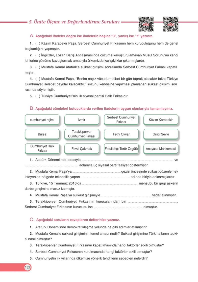 8. Sınıf İnkılap Tarihi Ders Kitabı Cevapları Ders Destek Yayınları Sayfa 182