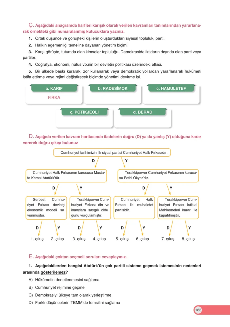 8. Sınıf İnkılap Tarihi Ders Kitabı Cevapları Ders Destek Yayınları Sayfa 183