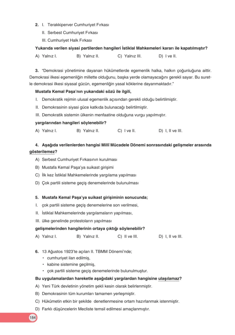 8. Sınıf İnkılap Tarihi Ders Kitabı Cevapları Ders Destek Yayınları Sayfa 184