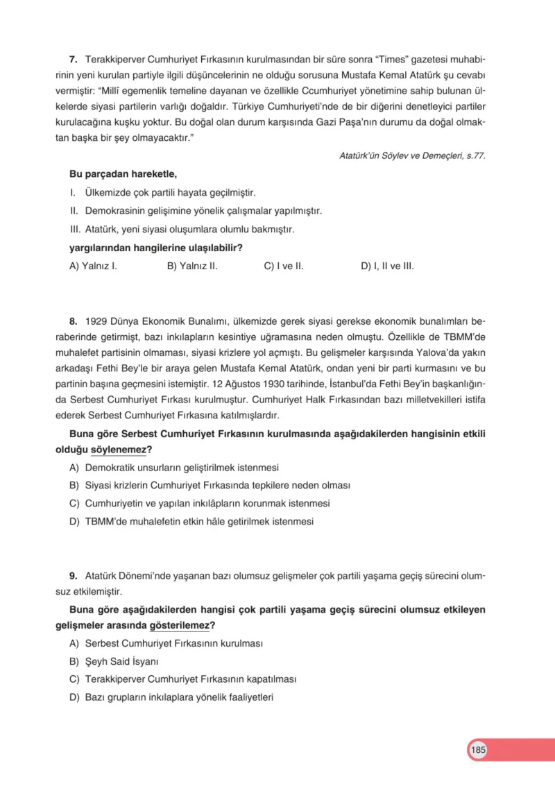 8. Sınıf İnkılap Tarihi Ders Kitabı Cevapları Ders Destek Yayınları Sayfa 185