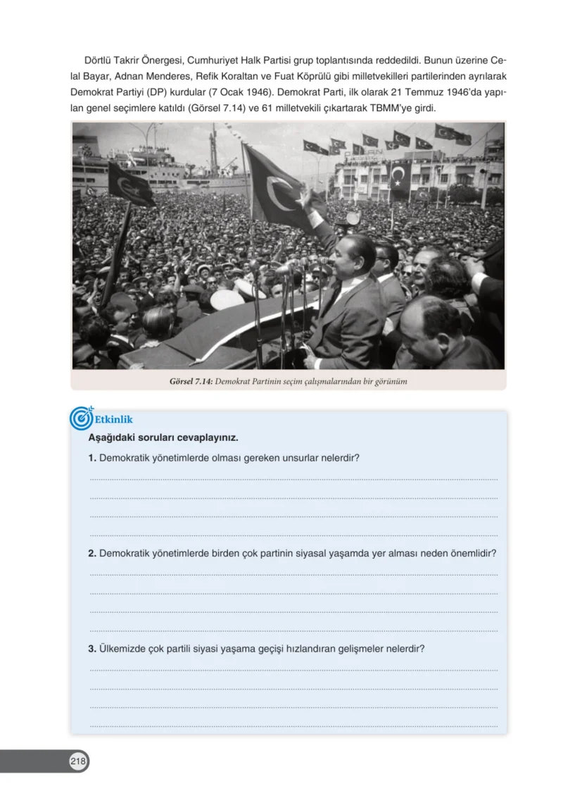 8. Sınıf İnkılap Tarihi Ders Kitabı Cevapları Ders Destek Yayınları Sayfa 218