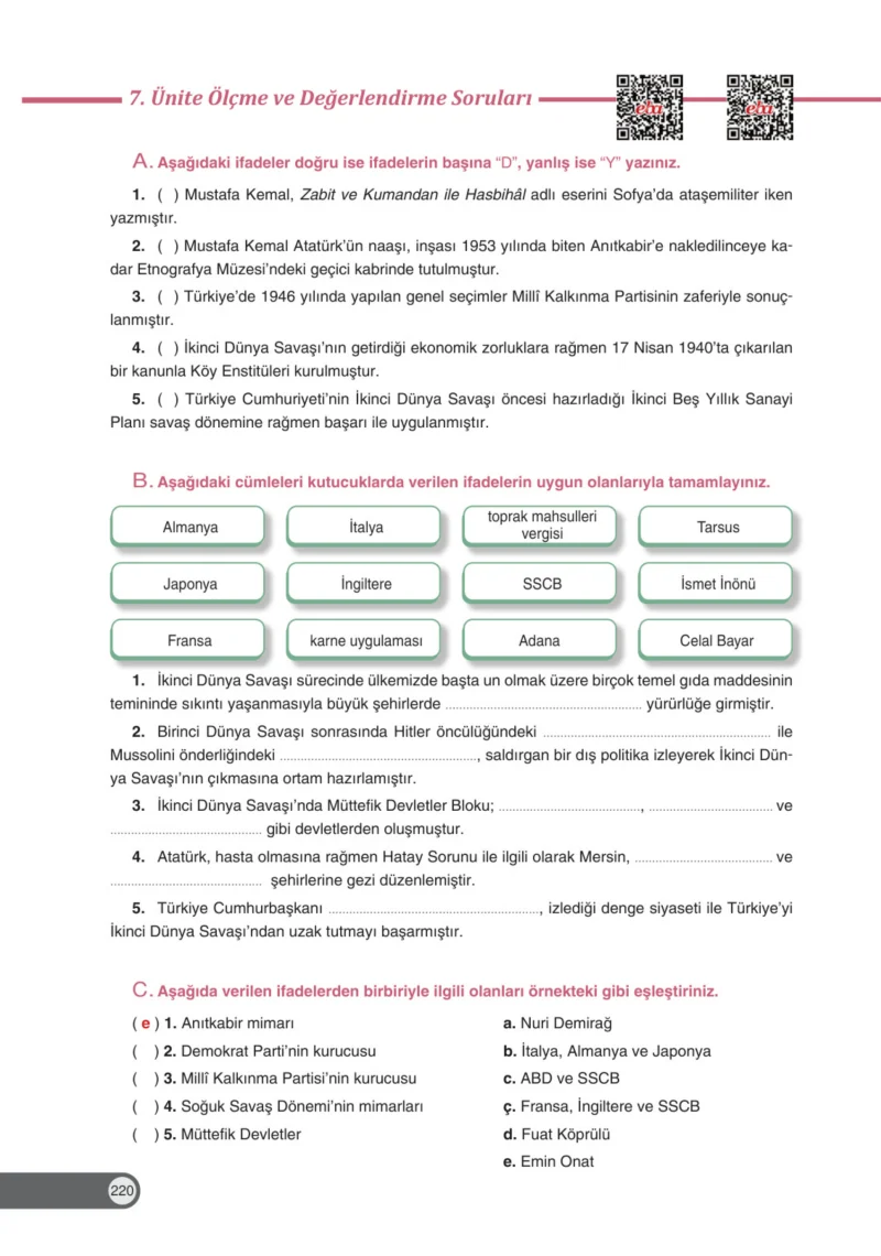 8. Sınıf İnkılap Tarihi Ders Kitabı Cevapları Ders Destek Yayınları Sayfa 220