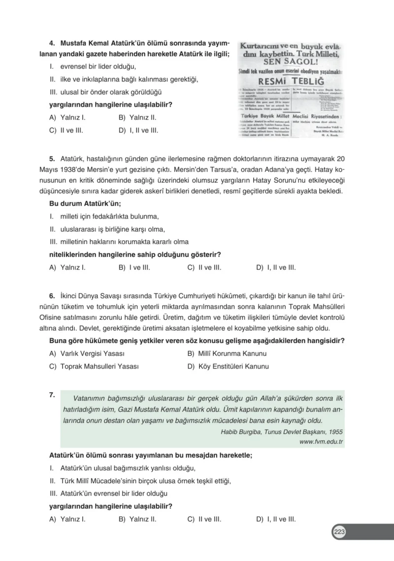 8. Sınıf İnkılap Tarihi Ders Kitabı Cevapları Ders Destek Yayınları Sayfa 223