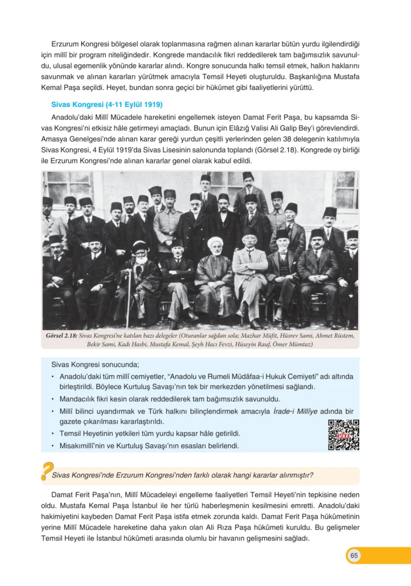 8. Sınıf İnkılap Tarihi Ders Kitabı Cevapları Ders Destek Yayınları Sayfa 65