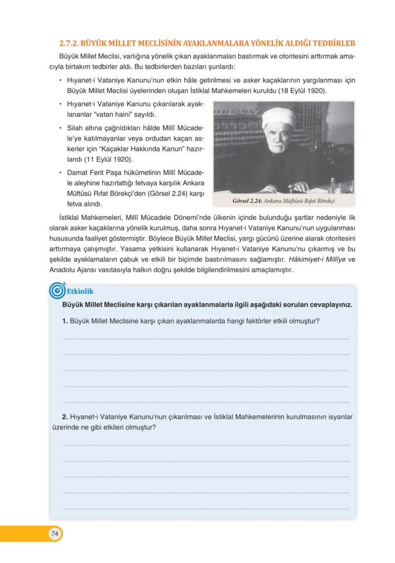 8. Sınıf İnkılap Tarihi Ders Kitabı Cevapları Ders Destek Yayınları Sayfa 74