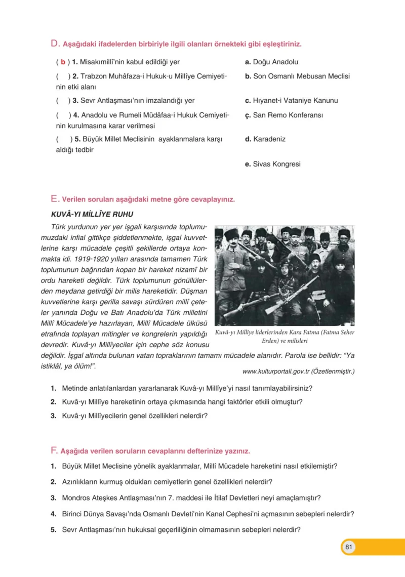 8. Sınıf İnkılap Tarihi Ders Kitabı Cevapları Ders Destek Yayınları Sayfa 81