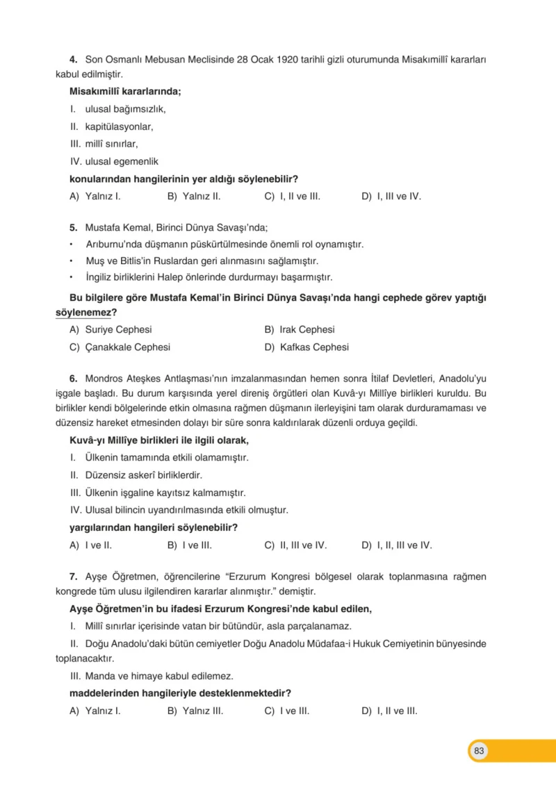 8. Sınıf İnkılap Tarihi Ders Kitabı Cevapları Ders Destek Yayınları Sayfa 83