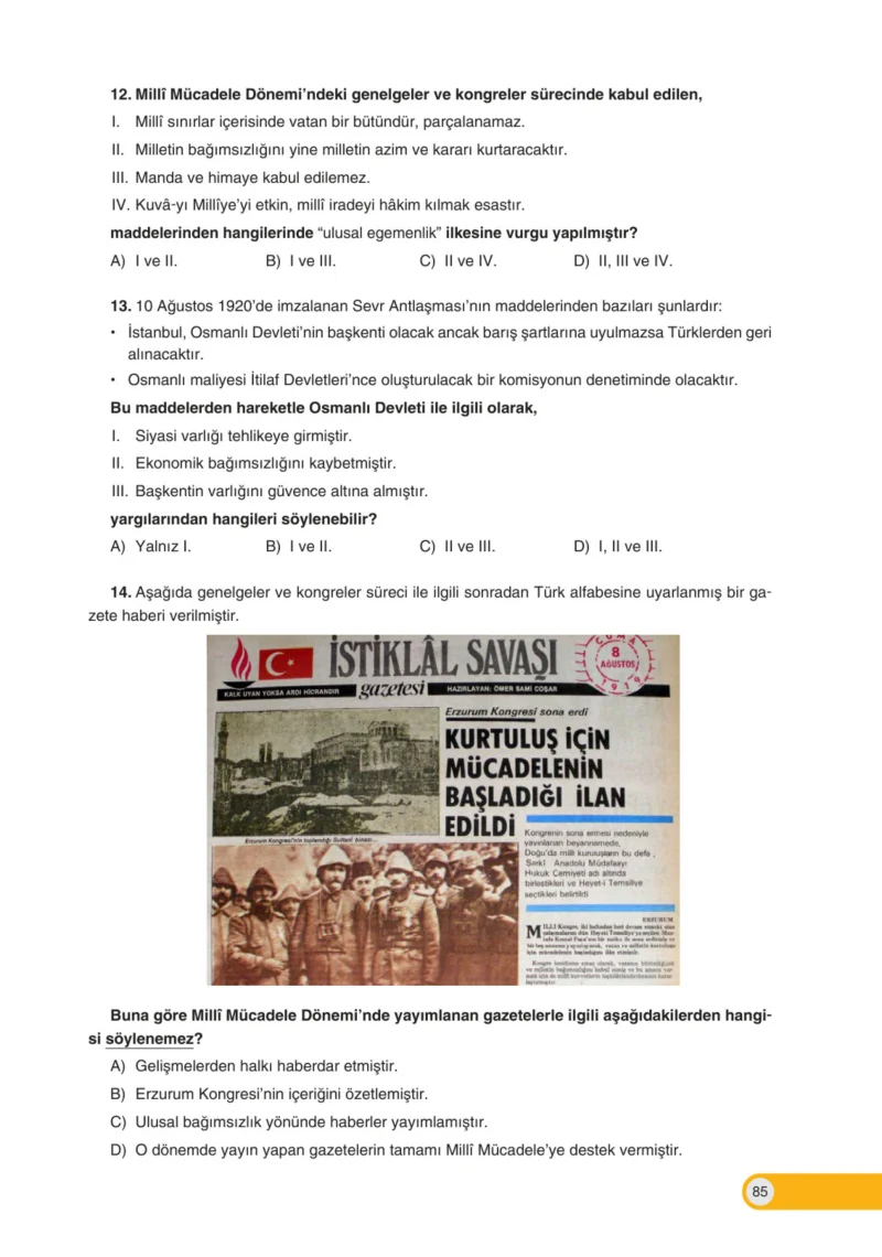 8. Sınıf İnkılap Tarihi Ders Kitabı Cevapları Ders Destek Yayınları Sayfa 85