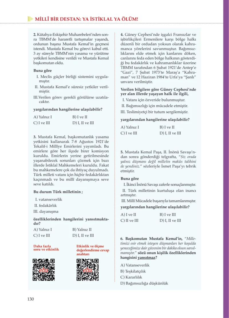 8. Sınıf İnkılap Tarihi Ders Kitabı Cevapları Meb Yayınları Sayfa 130