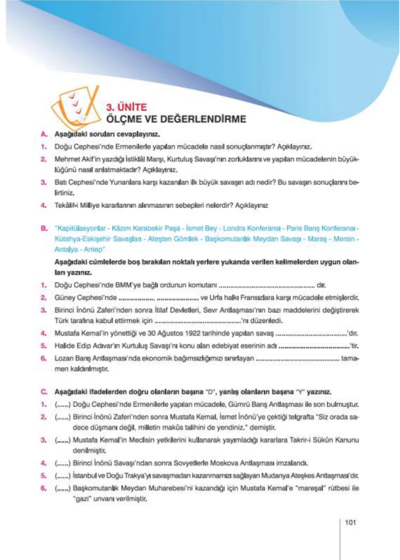 8. Sınıf İnkılap Tarihi Ders Kitabı Cevapları Nev Kitap Yayınları Sayfa 101