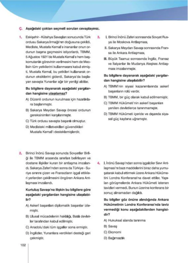 8. Sınıf İnkılap Tarihi Ders Kitabı Cevapları Nev Kitap Yayınları Sayfa 102