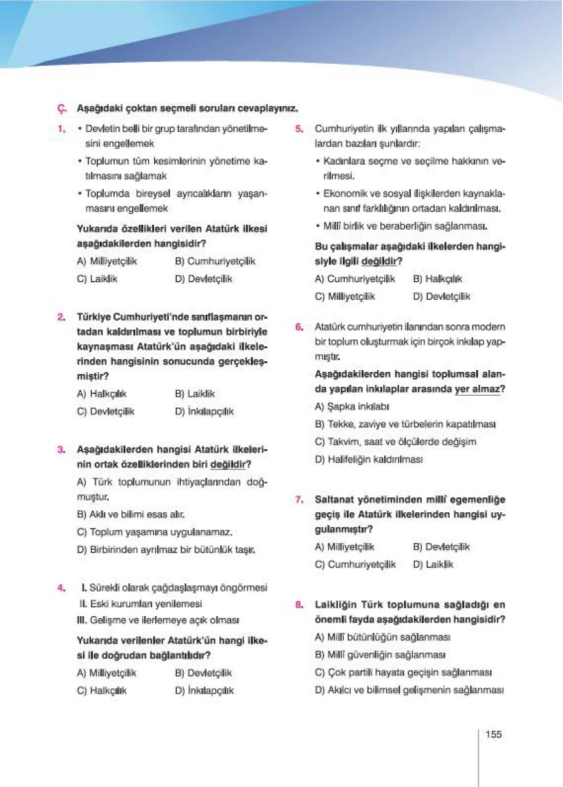 8. Sınıf İnkılap Tarihi Ders Kitabı Cevapları Nev Kitap Yayınları Sayfa 155