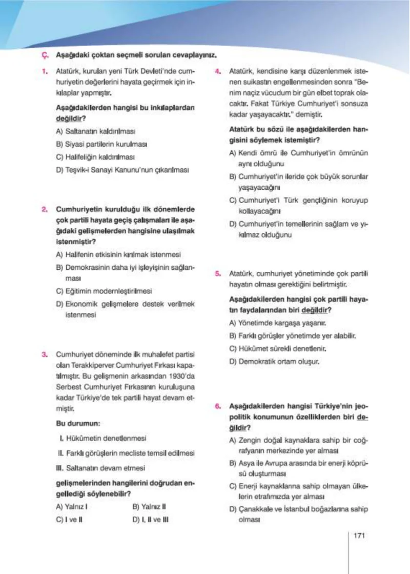 8. Sınıf İnkılap Tarihi Ders Kitabı Cevapları Nev Kitap Yayınları Sayfa 171
