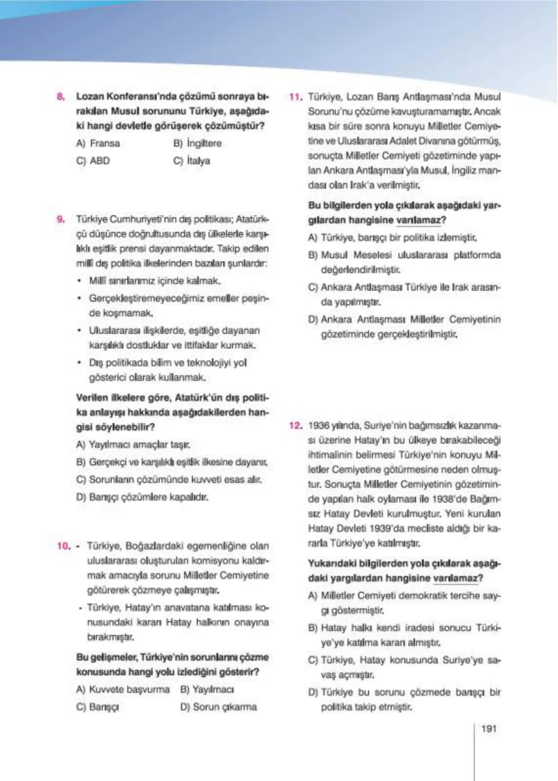 8. Sınıf İnkılap Tarihi Ders Kitabı Cevapları Nev Kitap Yayınları Sayfa 191