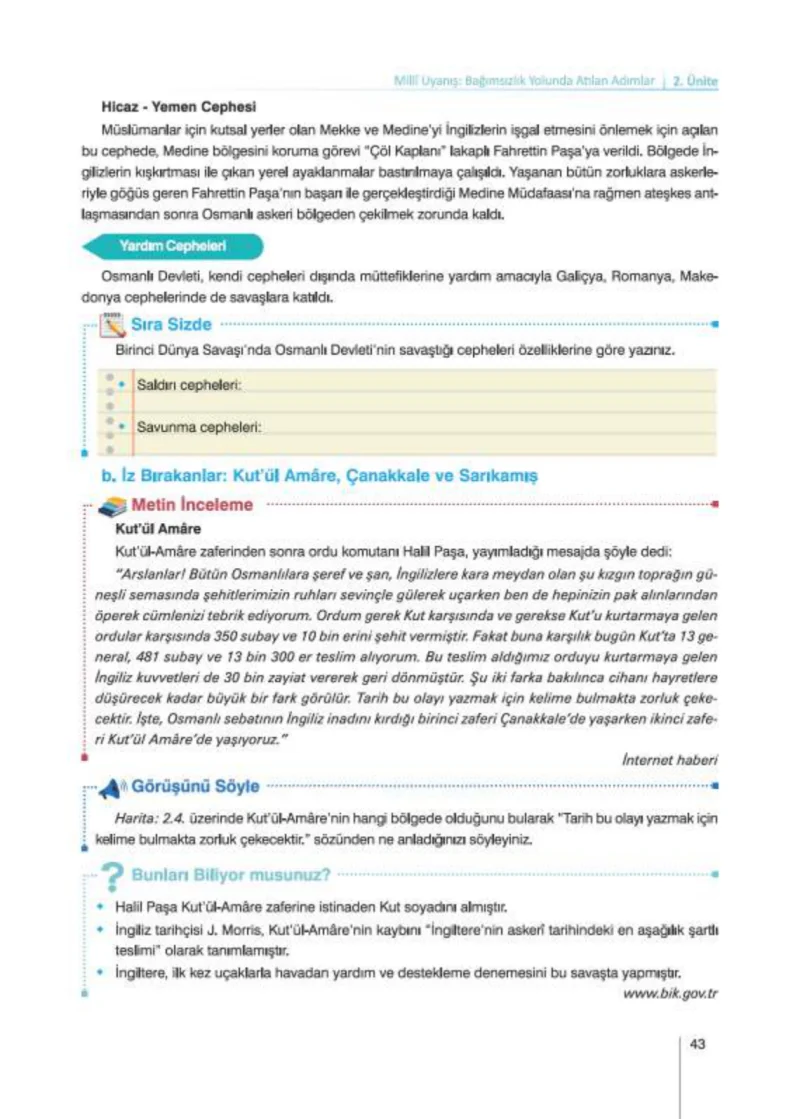 8. Sınıf İnkılap Tarihi Ders Kitabı Cevapları Nev Kitap Yayınları Sayfa 43