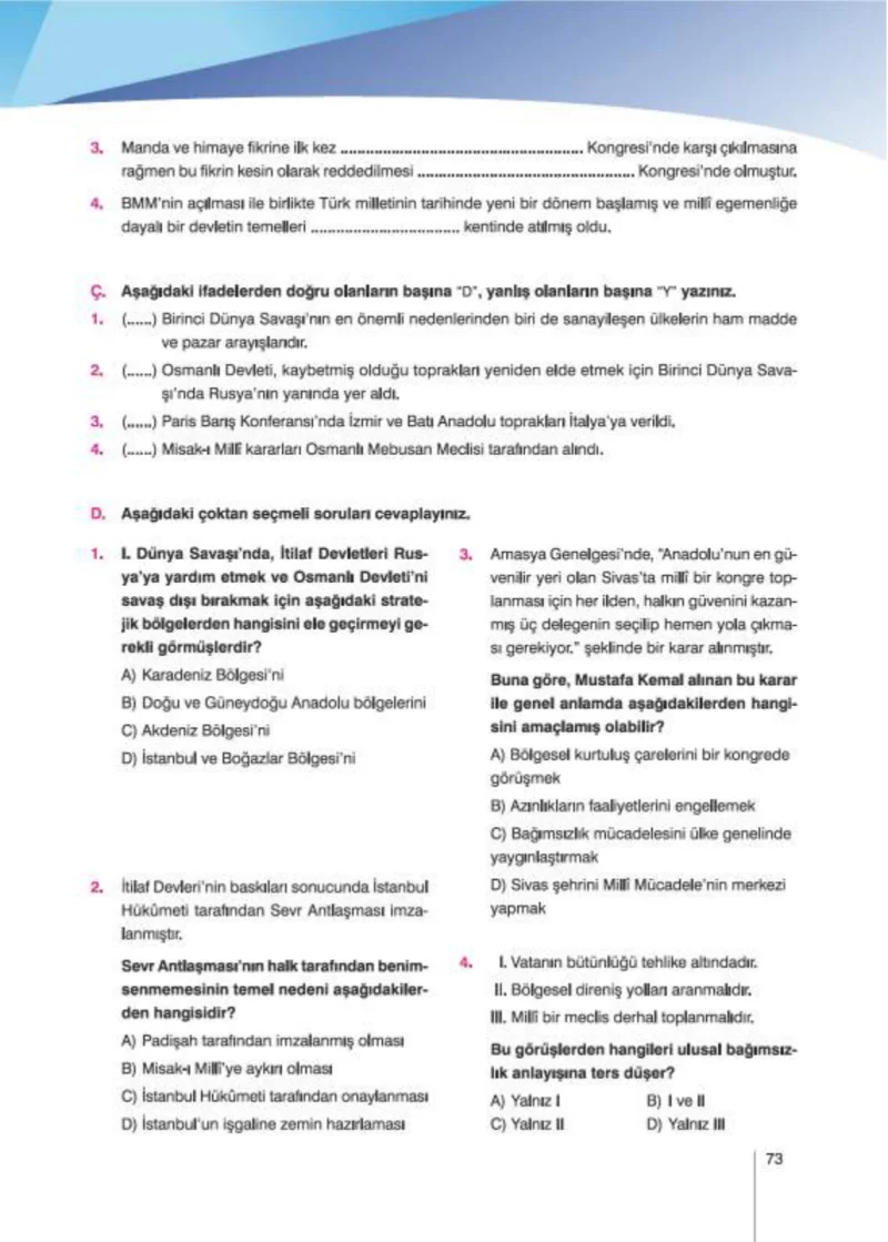 8. Sınıf İnkılap Tarihi Ders Kitabı Cevapları Nev Kitap Yayınları Sayfa 73