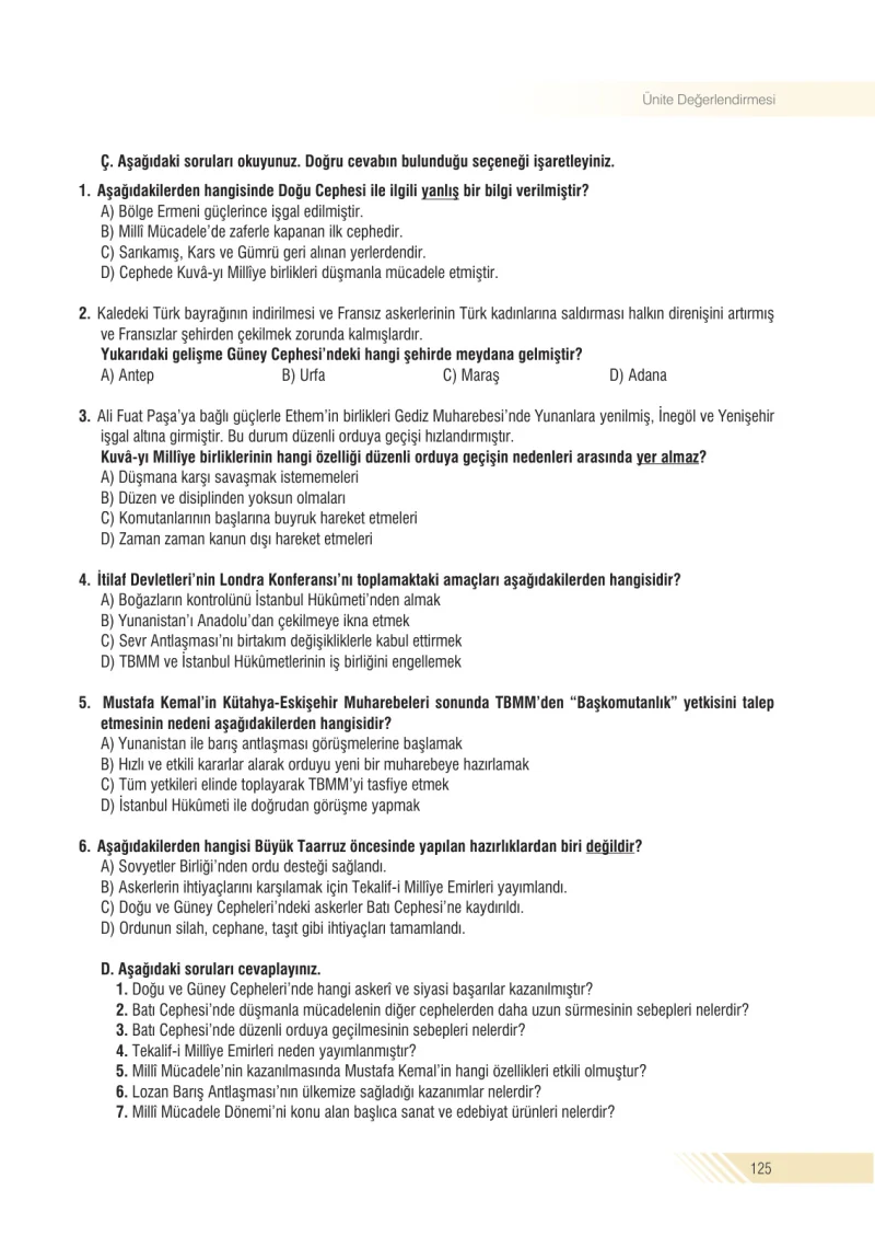 8. Sınıf İnkılap Tarihi Ders Kitabı Cevapları Semih Ofset S.E.K. Yayınları Sayfa 125