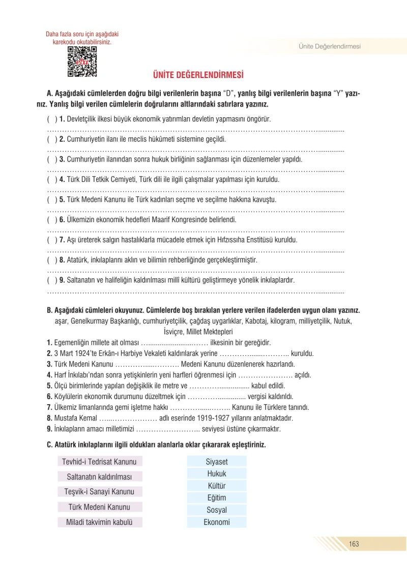 8. Sınıf İnkılap Tarihi Ders Kitabı Cevapları Semih Ofset S.E.K. Yayınları Sayfa 163